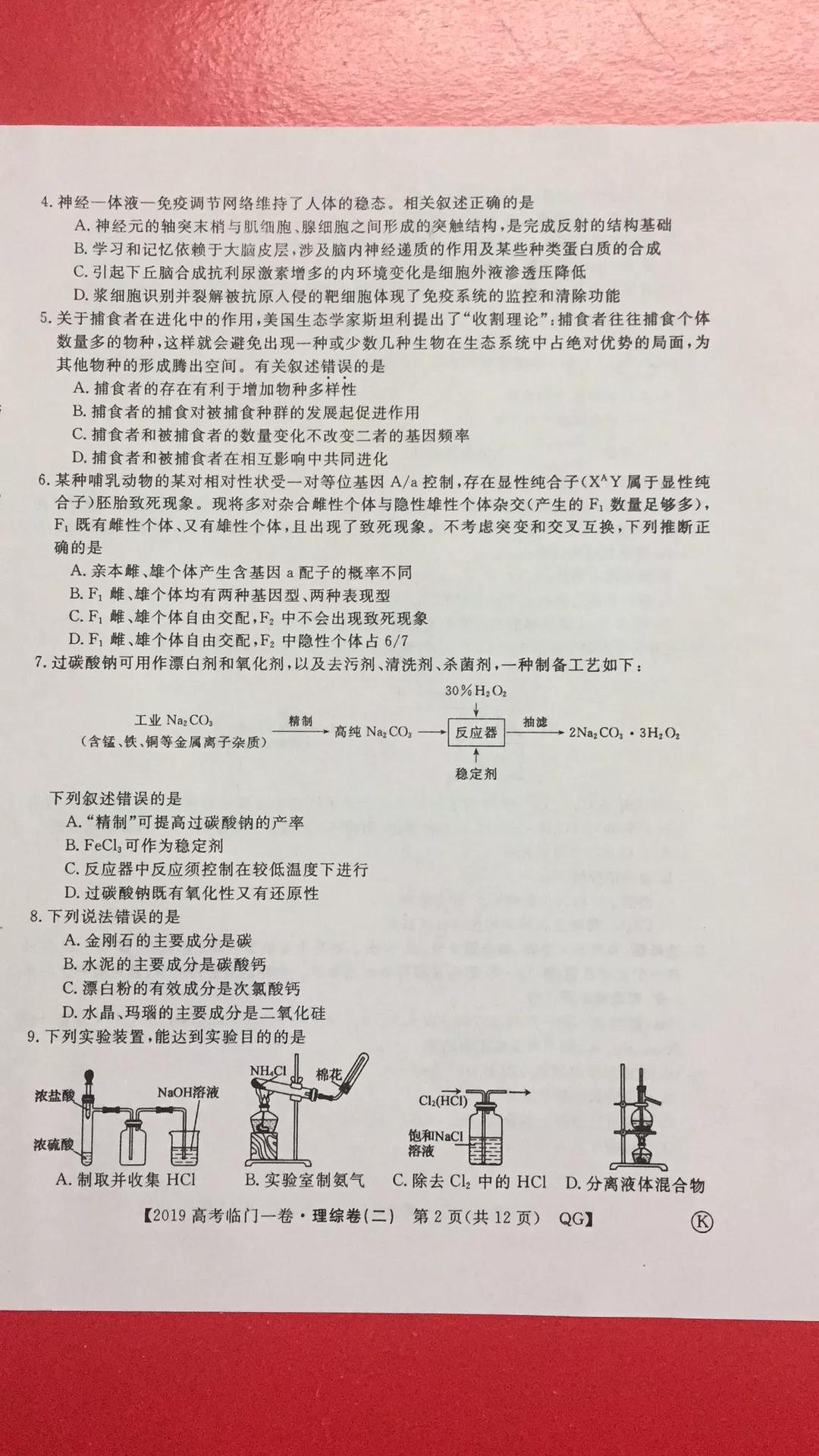 2019年普通高等學校招生全國統(tǒng)一考試臨門一卷二文理綜試題及答案