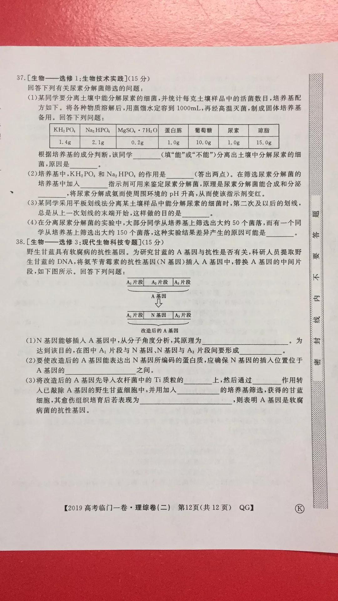 2019年普通高等學校招生全國統(tǒng)一考試臨門一卷二文理綜試題及答案