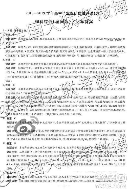 2019年天一大聯(lián)考六全國版Q版文理綜參考答案