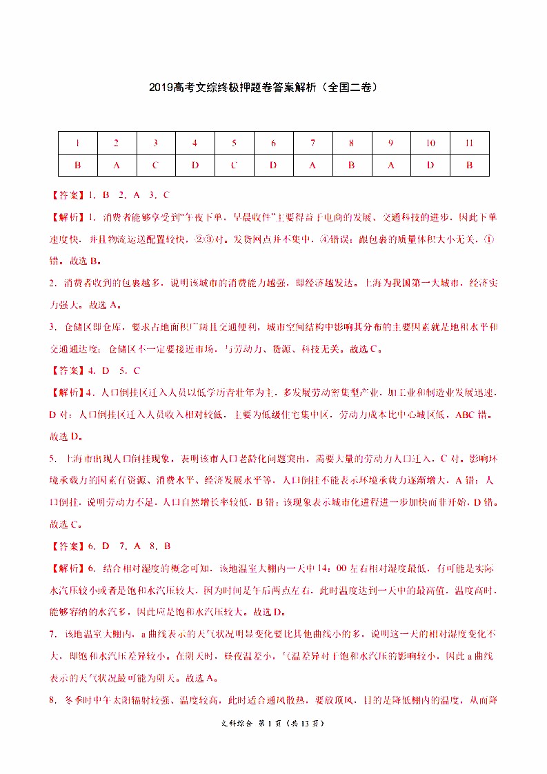 2019年高考終極押題卷全國卷II文科綜合試題及參考答案