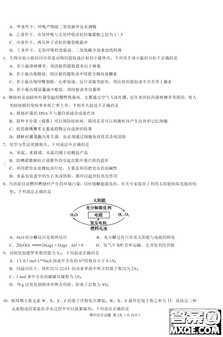 2019年高考終極押題卷全國(guó)卷II理科綜合試題及參考答案