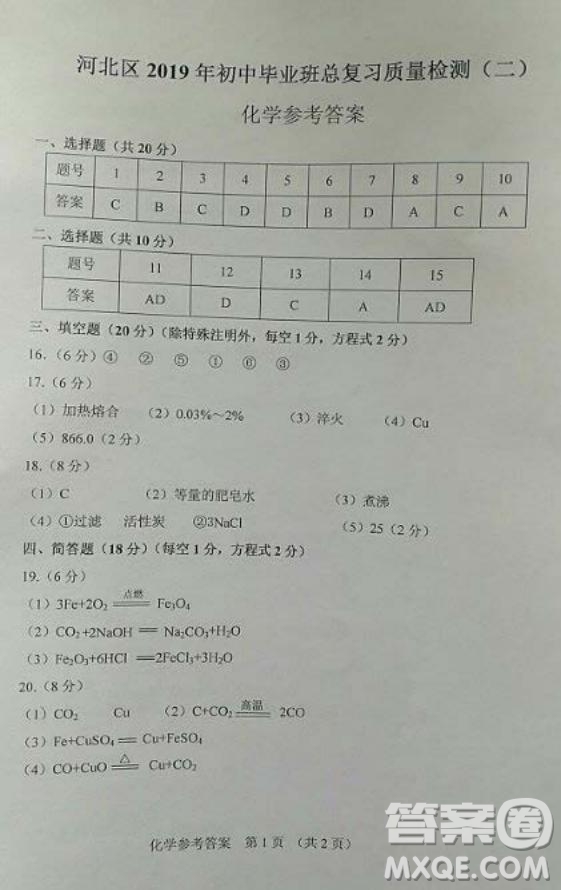 2019年天津河北區(qū)初中畢業(yè)班學(xué)業(yè)考試二?；瘜W(xué)試題及答案