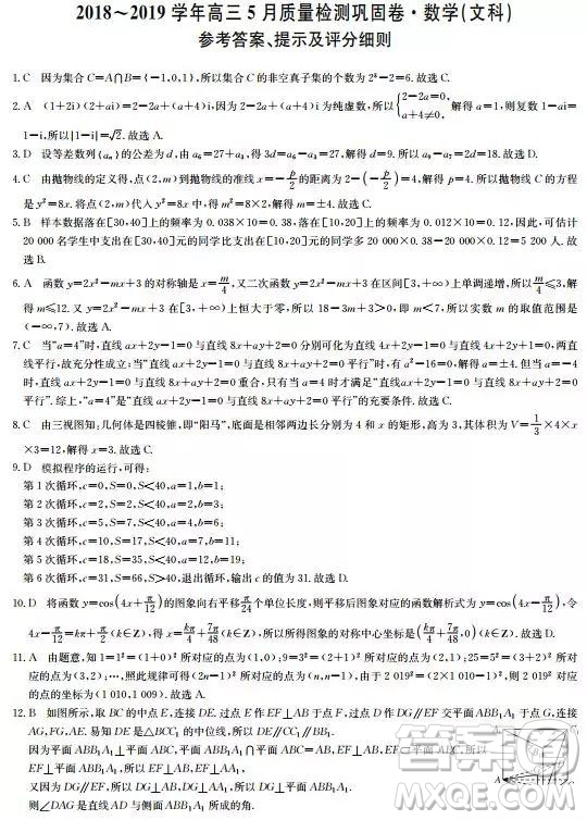 2019年九師聯(lián)盟高三5月質(zhì)量檢測鞏固卷文數(shù)試題及答案