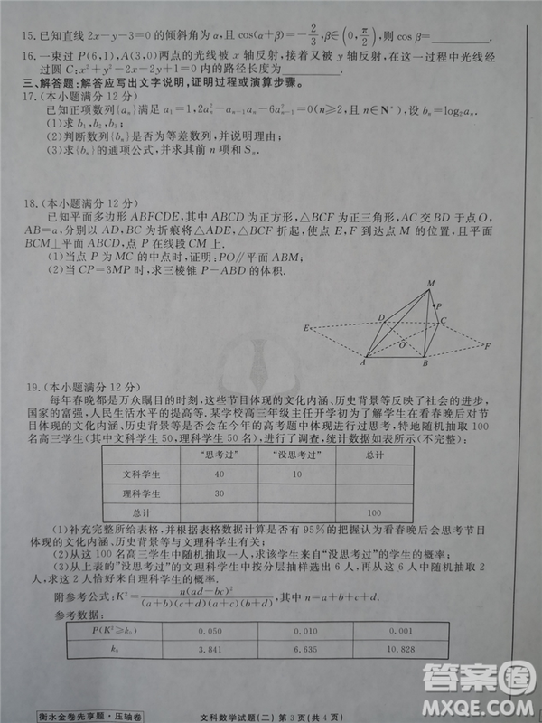 2019年衡水金卷先享題壓軸卷二文科數(shù)學答案