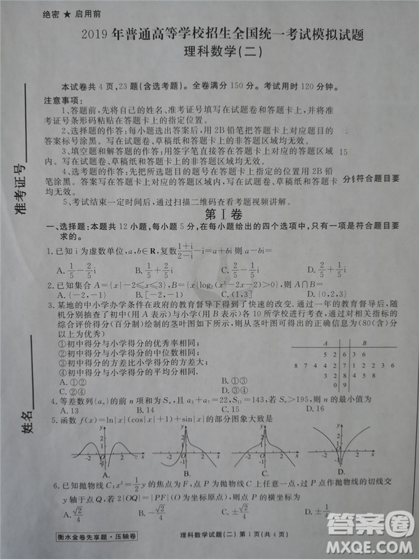 2019年衡水金卷先享題壓軸卷二理科數(shù)學(xué)答案