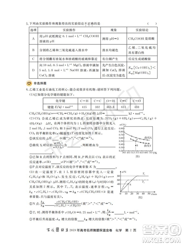 百校聯(lián)盟2019年高考名師猜題保溫金卷化學(xué)試題及參考答案