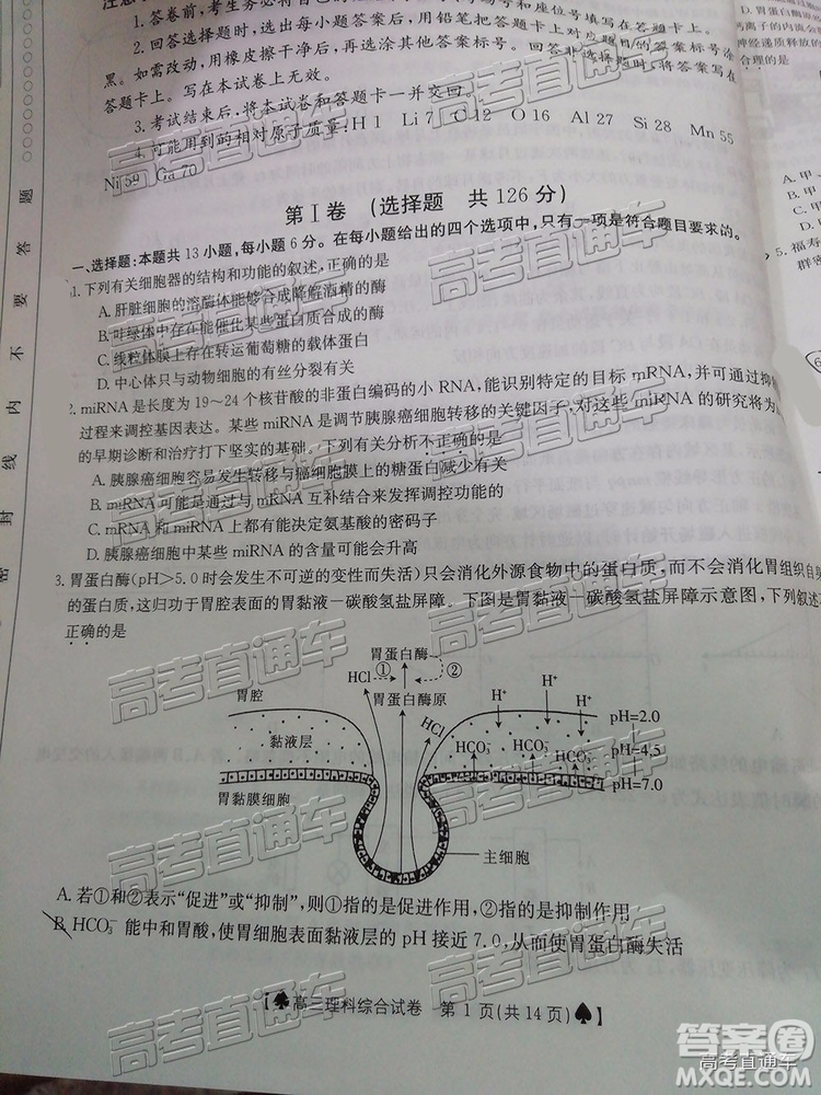 2019年5月24日金太陽百校聯(lián)考文理綜試題及參考答案