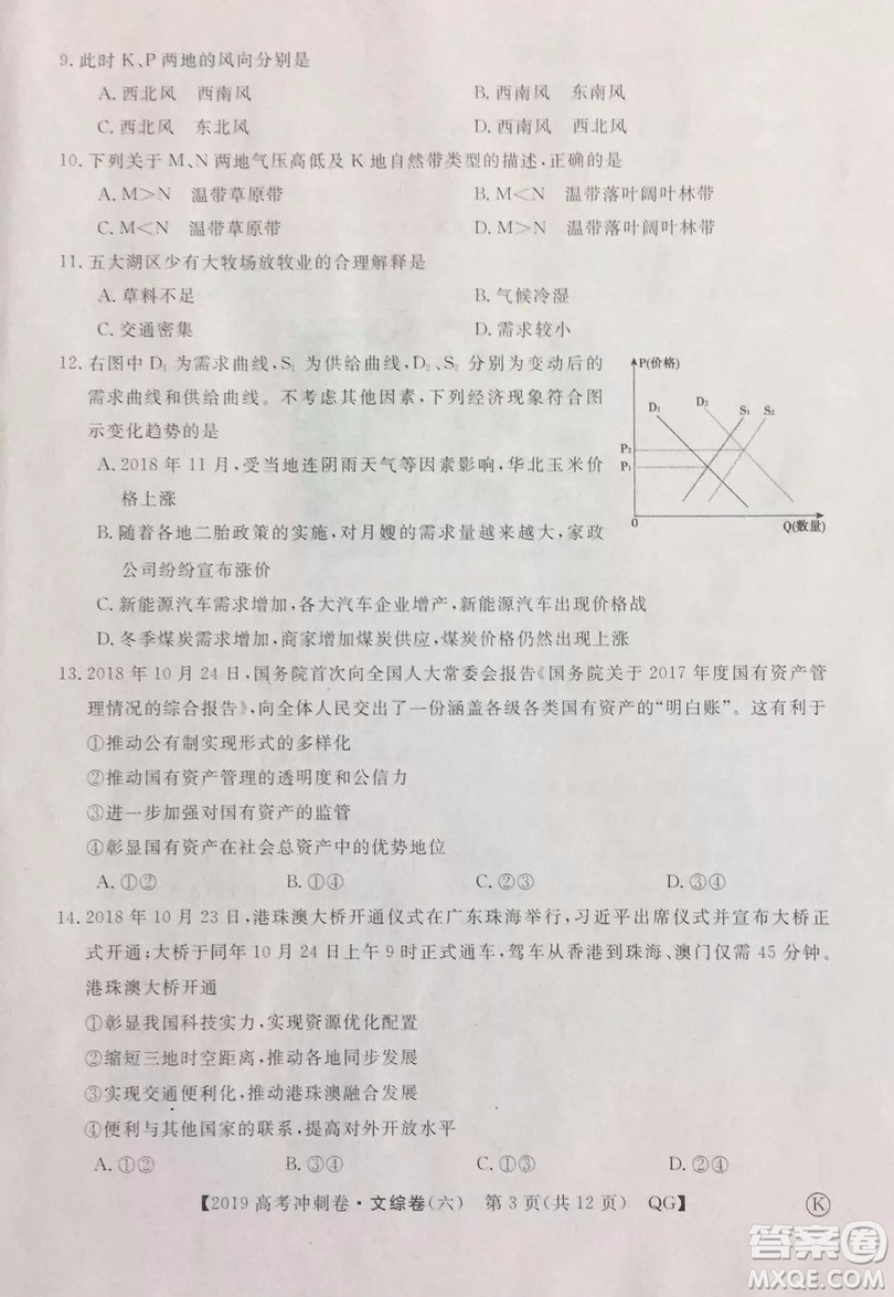 2019年普通高等學(xué)校招生全國統(tǒng)一考試沖刺預(yù)測卷六文理綜試題及答案