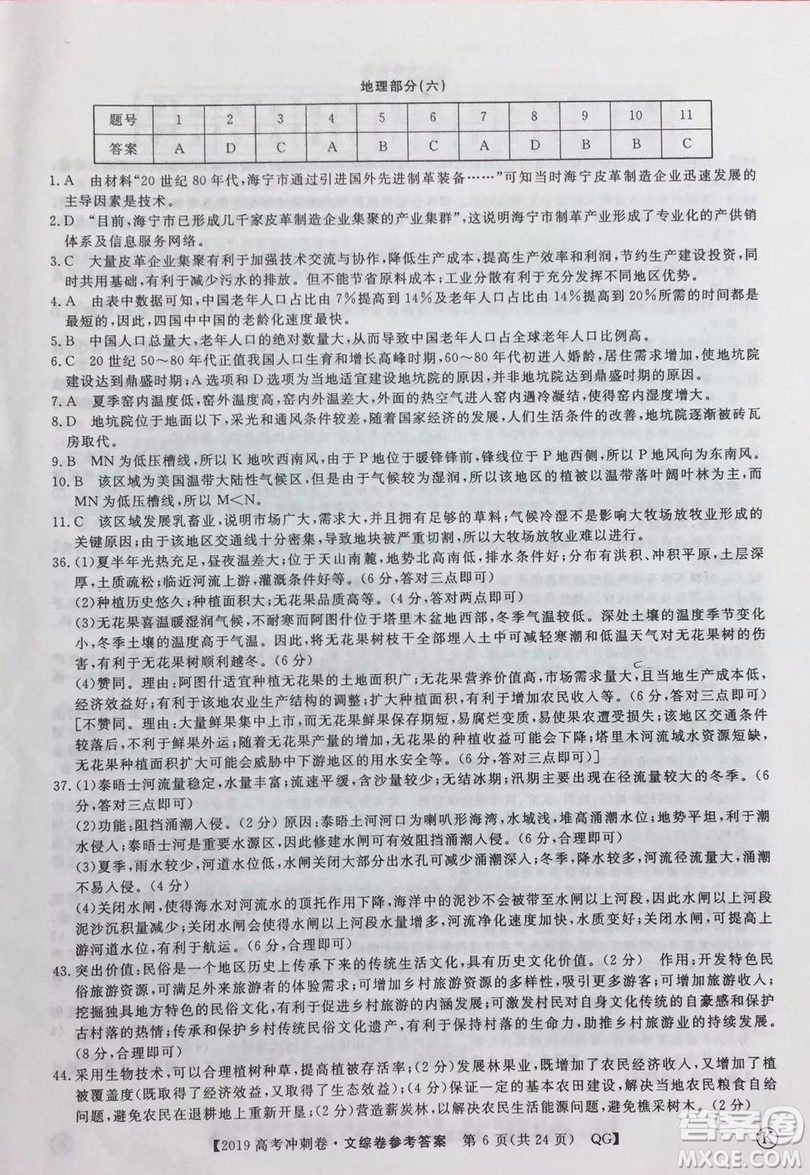 2019年普通高等學(xué)校招生全國統(tǒng)一考試沖刺預(yù)測卷六文理綜試題及答案