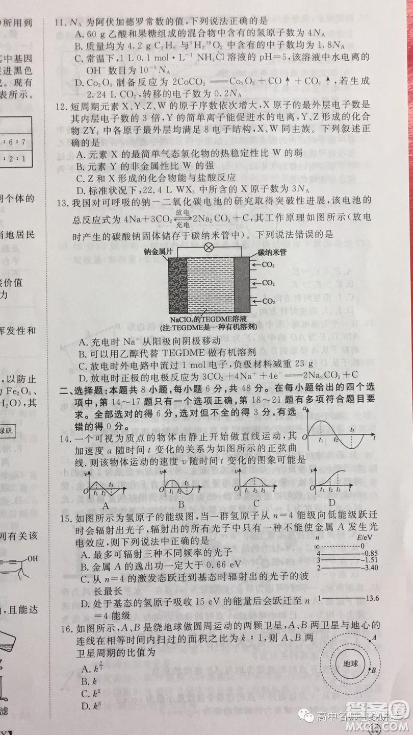 2019年普通高等學(xué)校招生全國統(tǒng)一考試沖刺預(yù)測卷六文理綜試題及答案