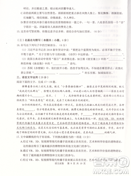 2019年卓越名校聯(lián)盟適應(yīng)與模擬一語文試題及答案