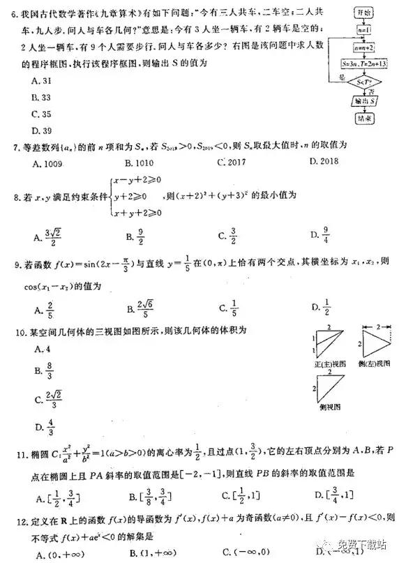2019年普高招生全國統(tǒng)一考試沖刺預(yù)測卷六理數(shù)試題及答案