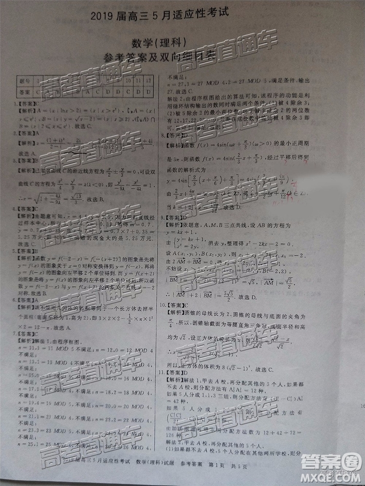 2019年棗莊高三5月適應性考試理數(shù)試題及參考答案
