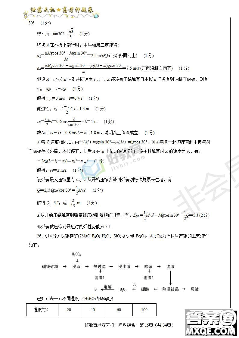 2019年泄露天機(jī)高考押題卷二理綜試題及參考答案