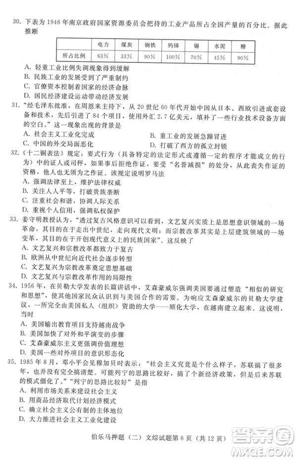 2019年伯樂(lè)馬普通高等學(xué)校招生全國(guó)統(tǒng)一押題考試二文綜試題及答案