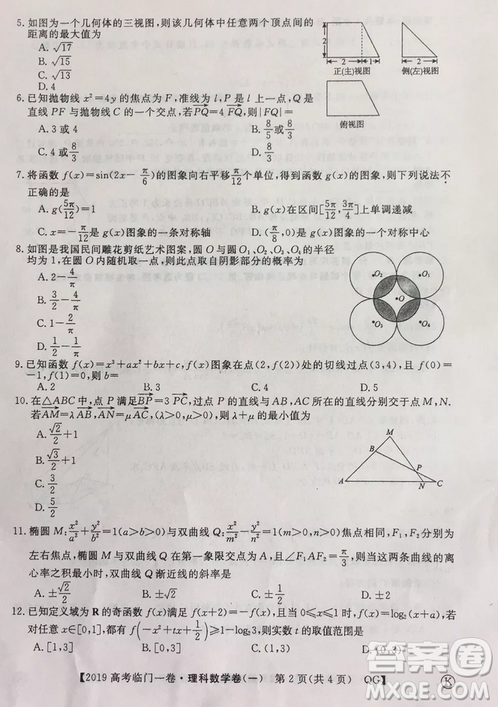 2019年普通高等學校招生全國統(tǒng)一考試臨門一卷一理數(shù)試題及答案