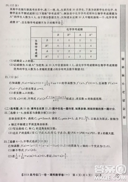 2019年普通高等學校招生全國統(tǒng)一考試臨門一卷一理數(shù)試題及答案