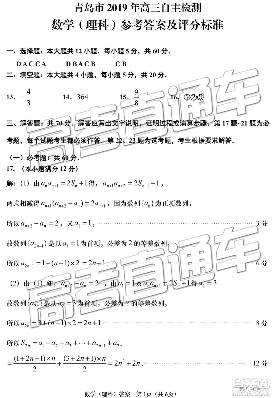 2019年青島三模理數(shù)試題及答案
