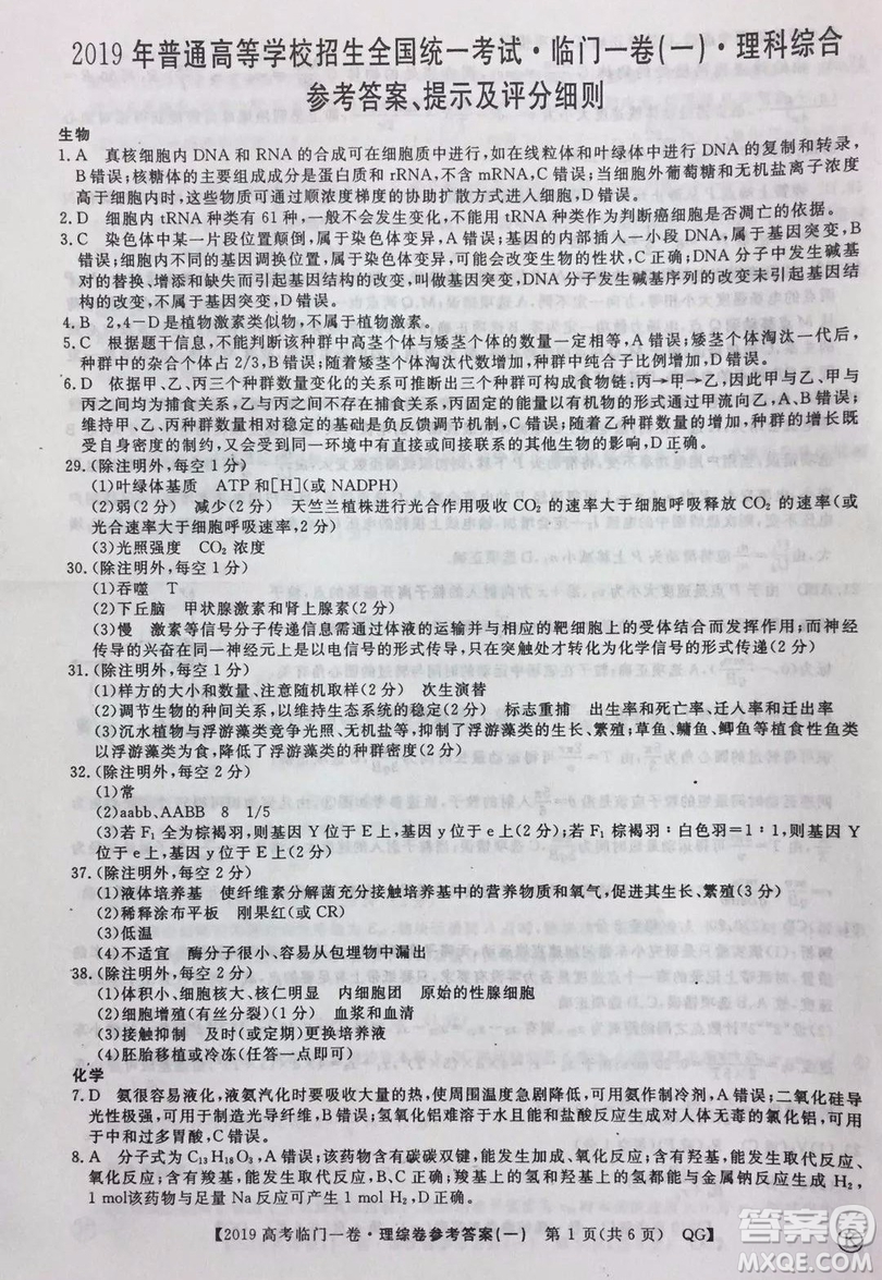 2019年普通高等學(xué)校招生全國(guó)統(tǒng)一考試臨門(mén)一卷一理綜試題及答案