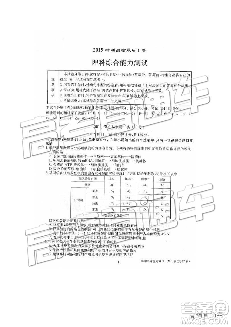 2019年合肥一中沖刺高考最后一卷理綜參考答案