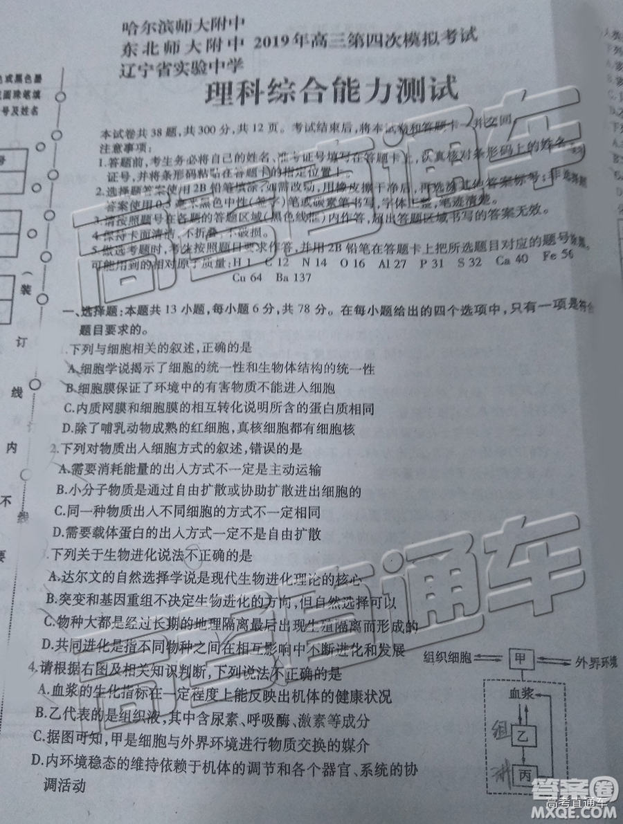 2019年?yáng)|北三省三校四模理綜試題及答案