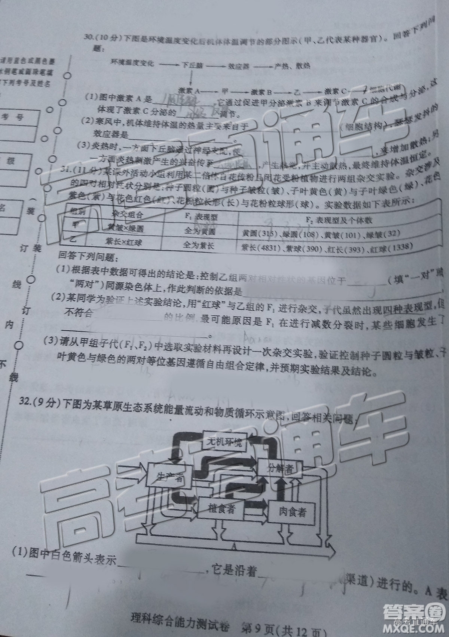 2019年?yáng)|北三省三校四模理綜試題及答案
