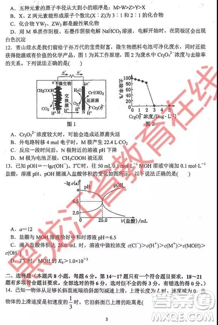 2019年哈三中四模理綜試題及參考答案
