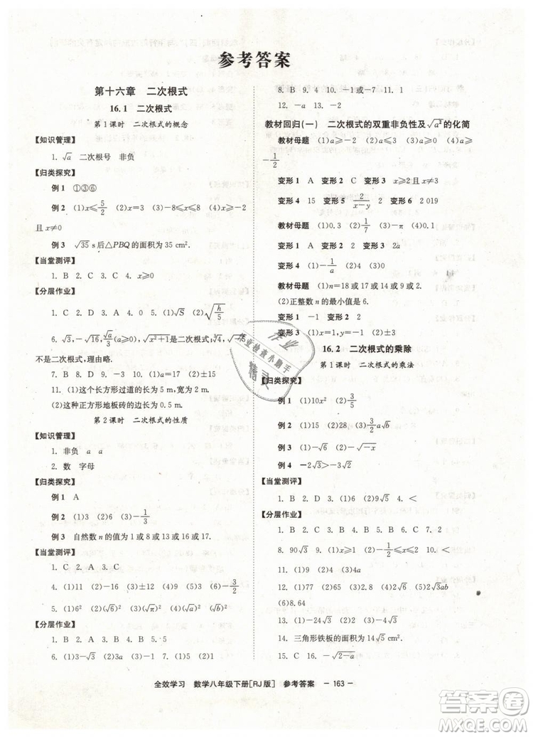 2019年全效學習學業(yè)評價方案八年級數學人教版下冊答案