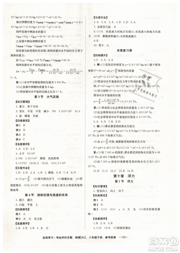 2019年全效學(xué)習(xí)八年級物理下冊人教版參考答案