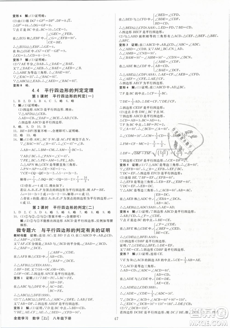 2019年全效學(xué)習(xí)八年級數(shù)學(xué)下冊浙教版創(chuàng)新版答案