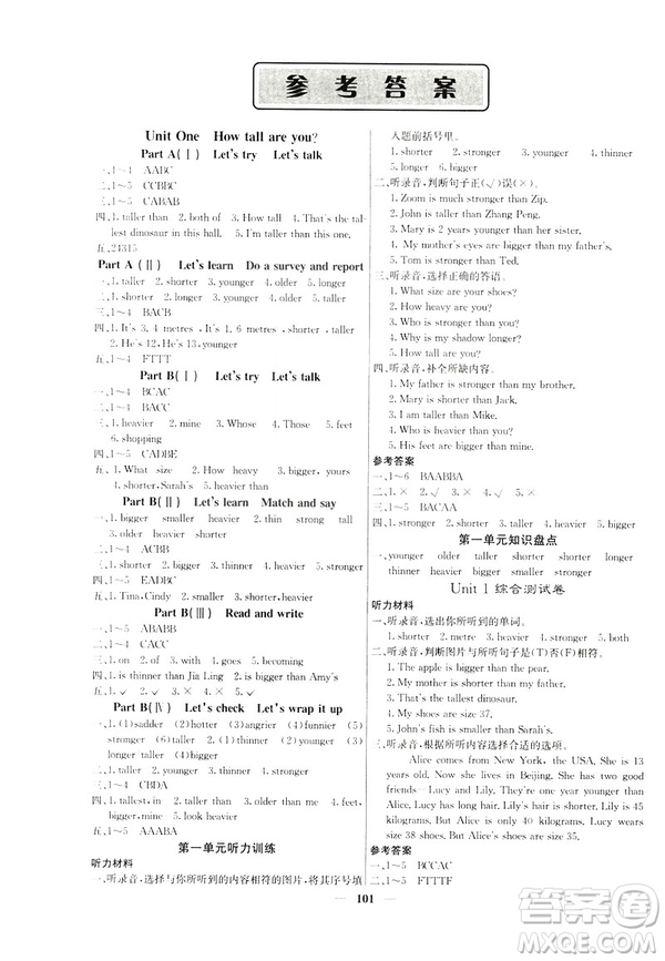 希望出版社2019年課堂點睛六年級英語下冊人教版參考答案