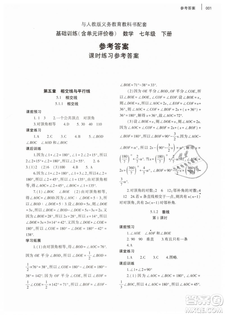 2019年基礎(chǔ)訓(xùn)練七年級數(shù)學(xué)下冊人教版大象出版社答案