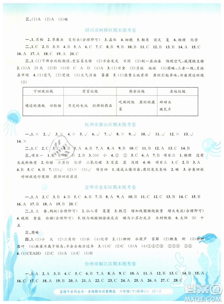 2019年孟建平各地期末試卷精選六年級科學下冊教科版答案