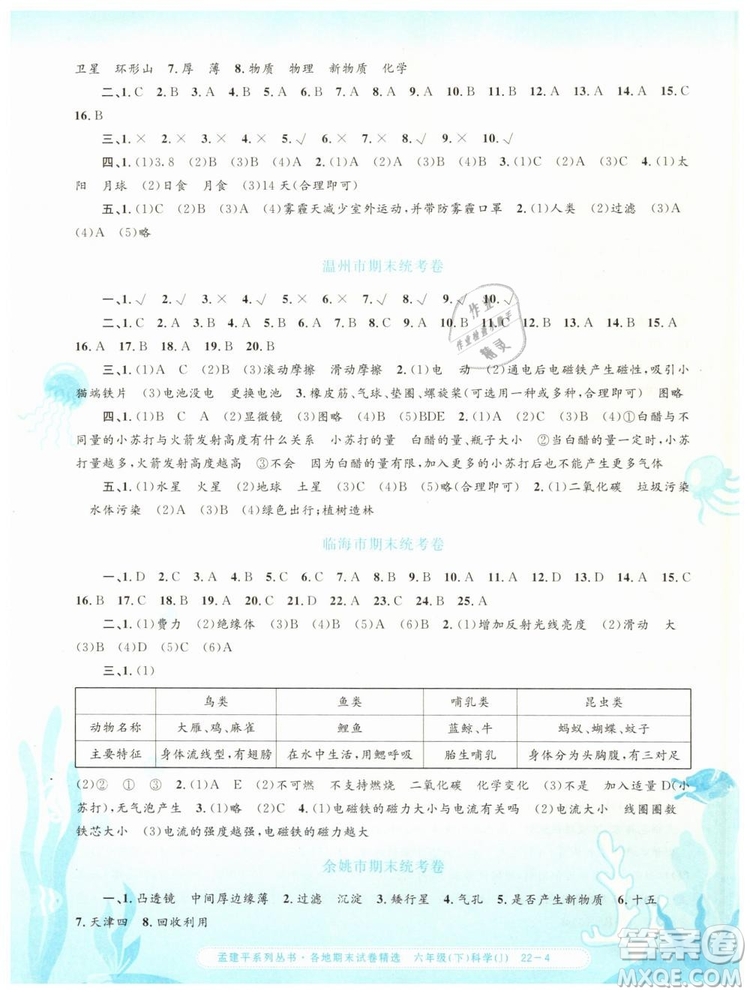 2019年孟建平各地期末試卷精選六年級科學下冊教科版答案