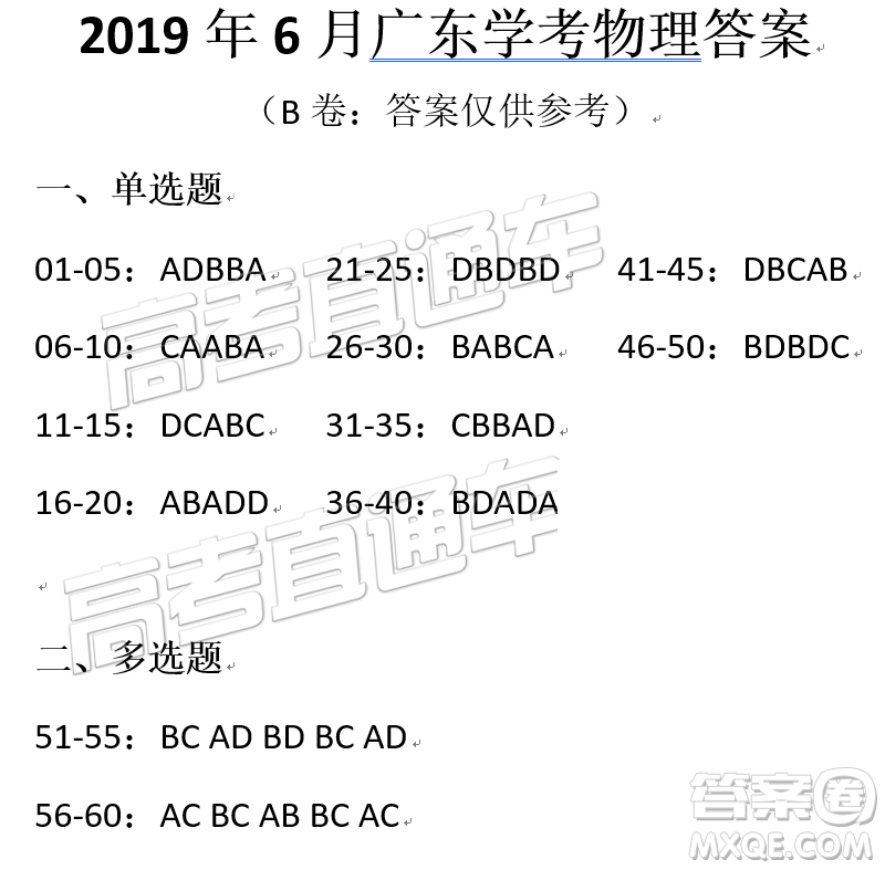2019年6月廣東高中學(xué)業(yè)水平物理試題及參考答案
