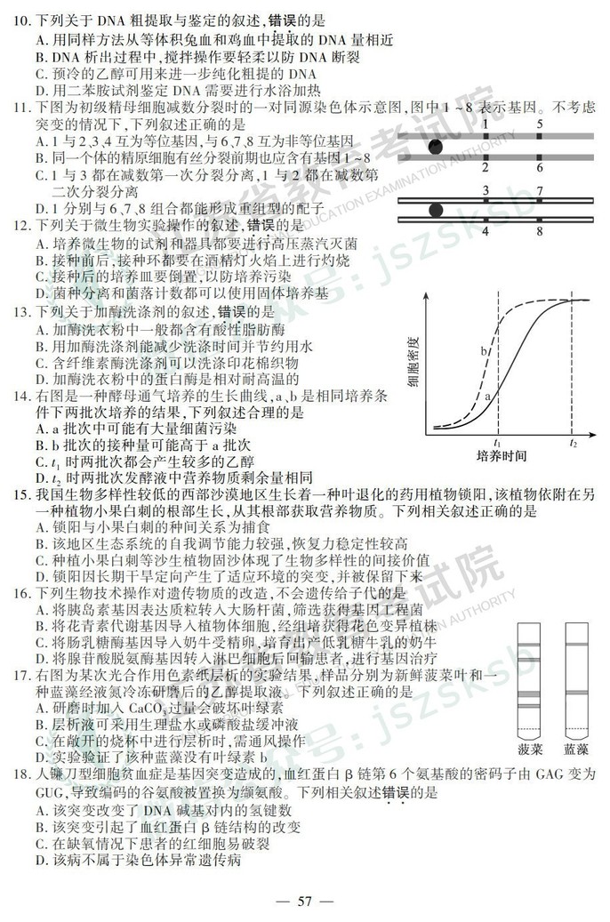 2019年高考江蘇卷生物試題及答案