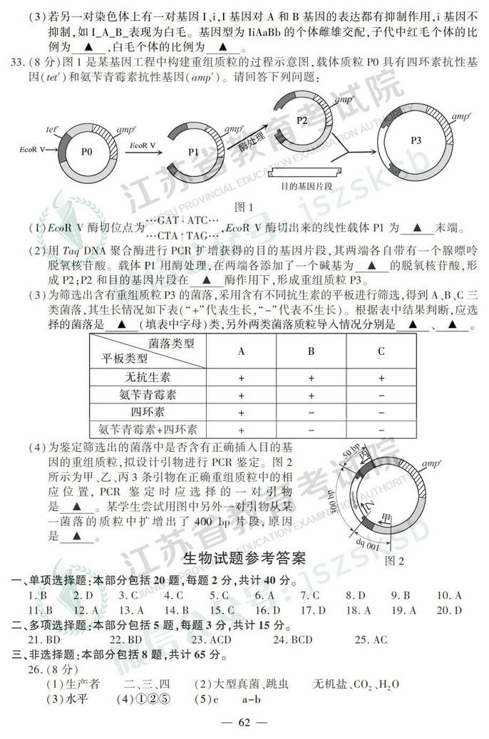 2019年高考江蘇卷生物試題及答案