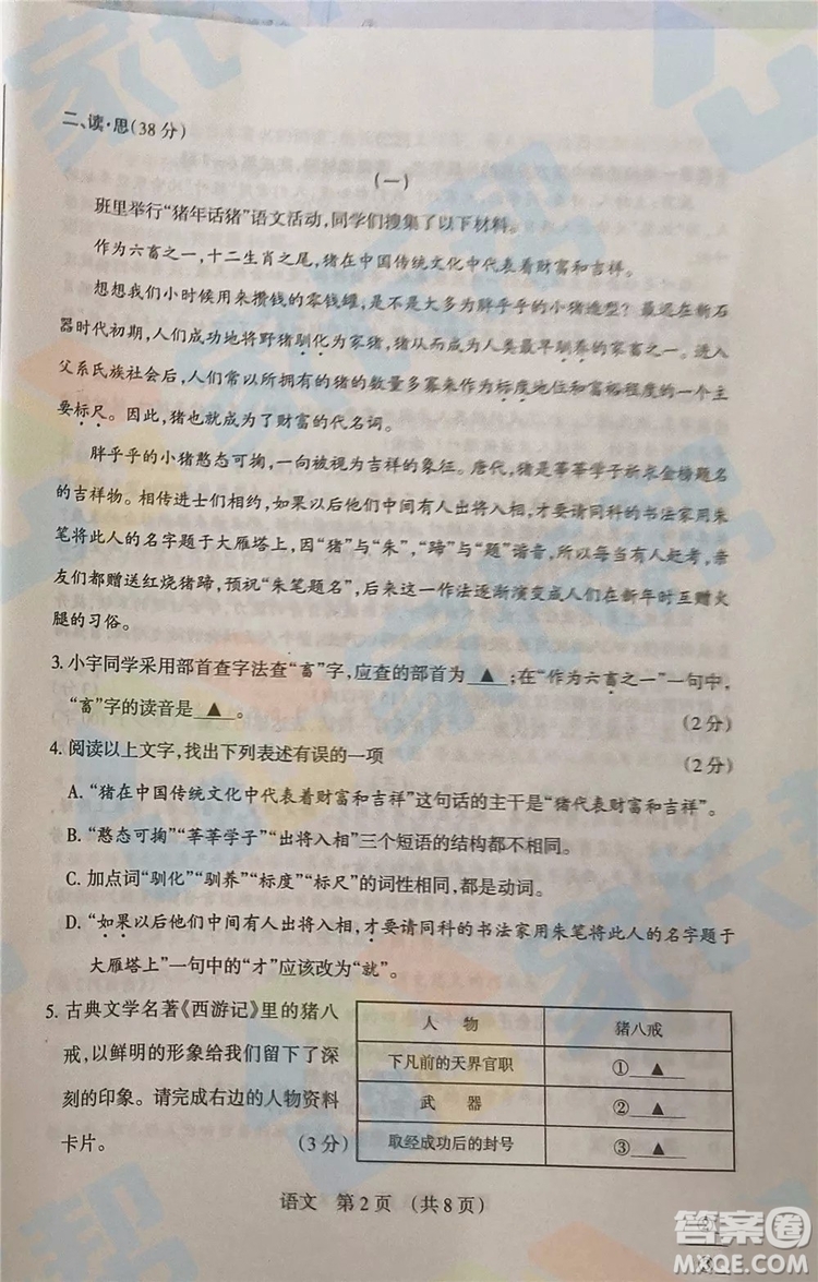 山西省2019年中考考前適應性測試語文試卷及答案