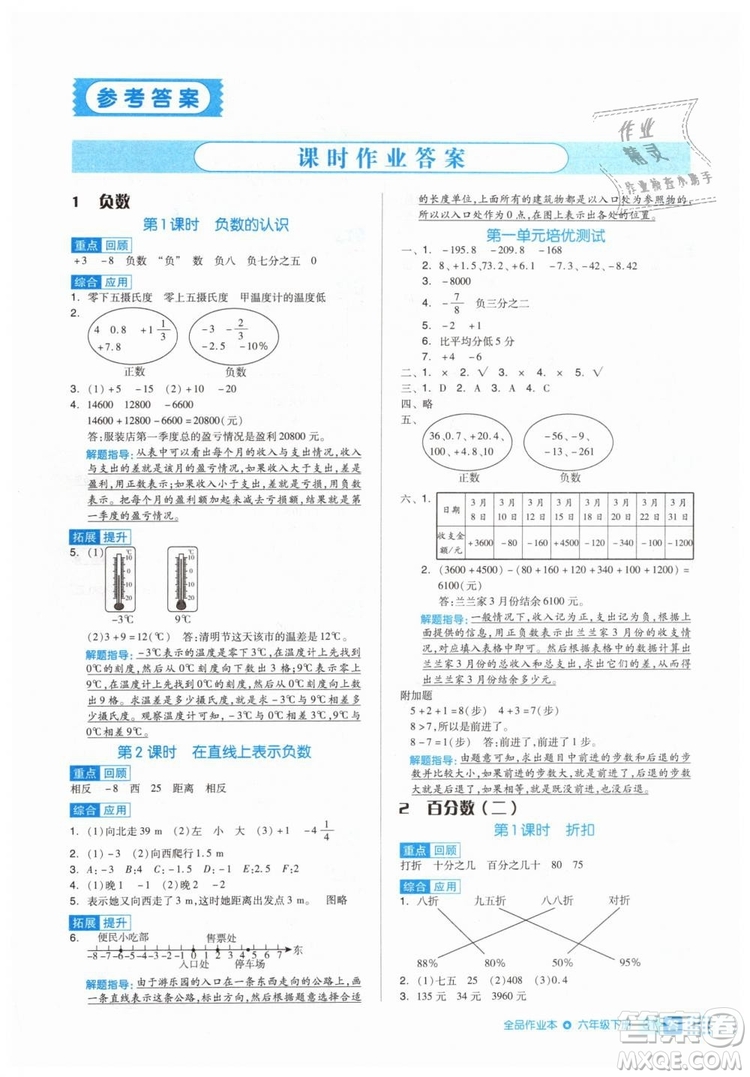 全品作業(yè)本2019年六年級(jí)數(shù)學(xué)下冊(cè)人教版參考答案