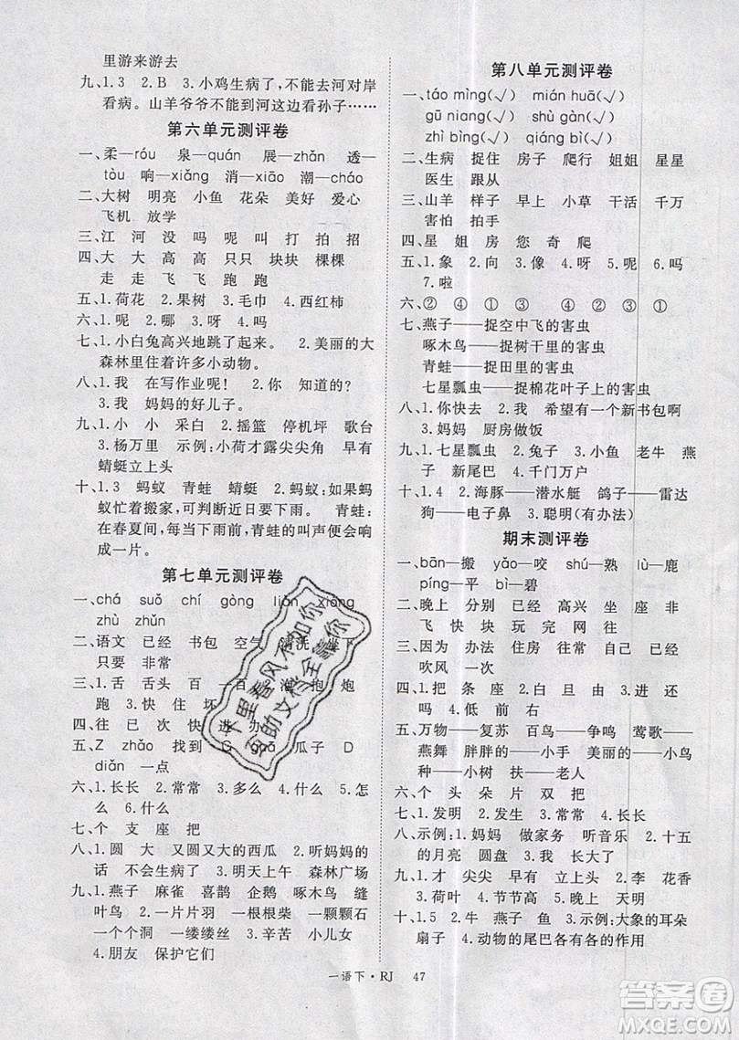2019優(yōu)翼叢書學(xué)練優(yōu)小學(xué)語文一年級(jí)下RJ人教版參考答案