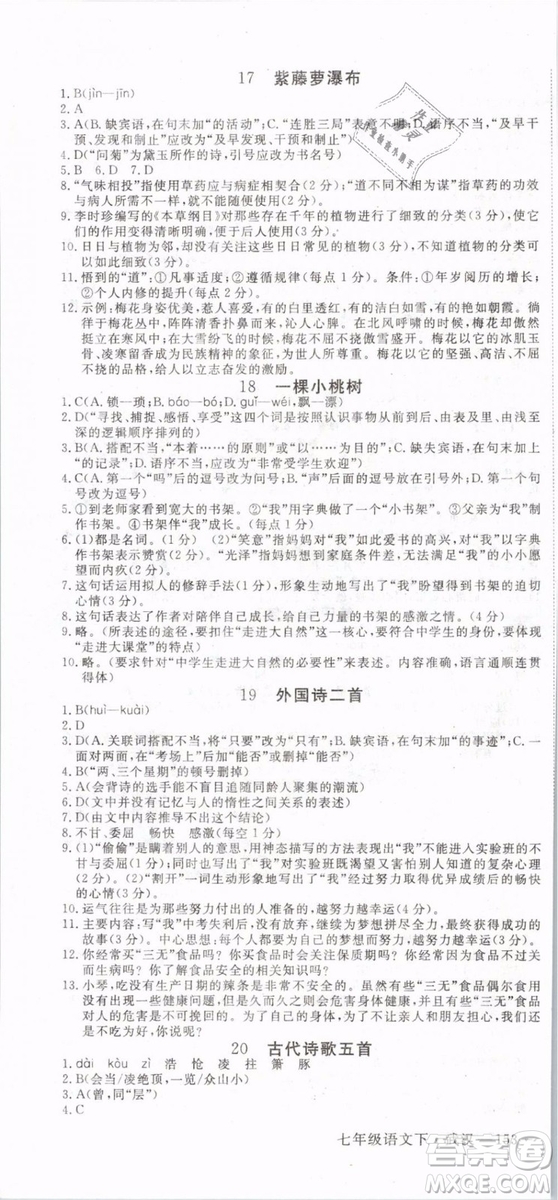 優(yōu)翼叢書(shū)2019年學(xué)練優(yōu)初中語(yǔ)文七年級(jí)下武漢專版RJ人教版參考答案