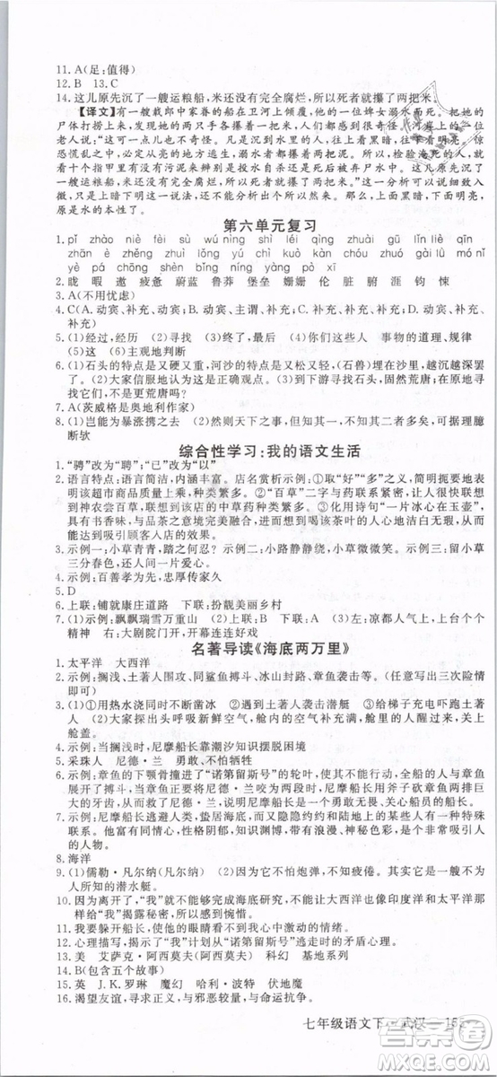 優(yōu)翼叢書(shū)2019年學(xué)練優(yōu)初中語(yǔ)文七年級(jí)下武漢專版RJ人教版參考答案