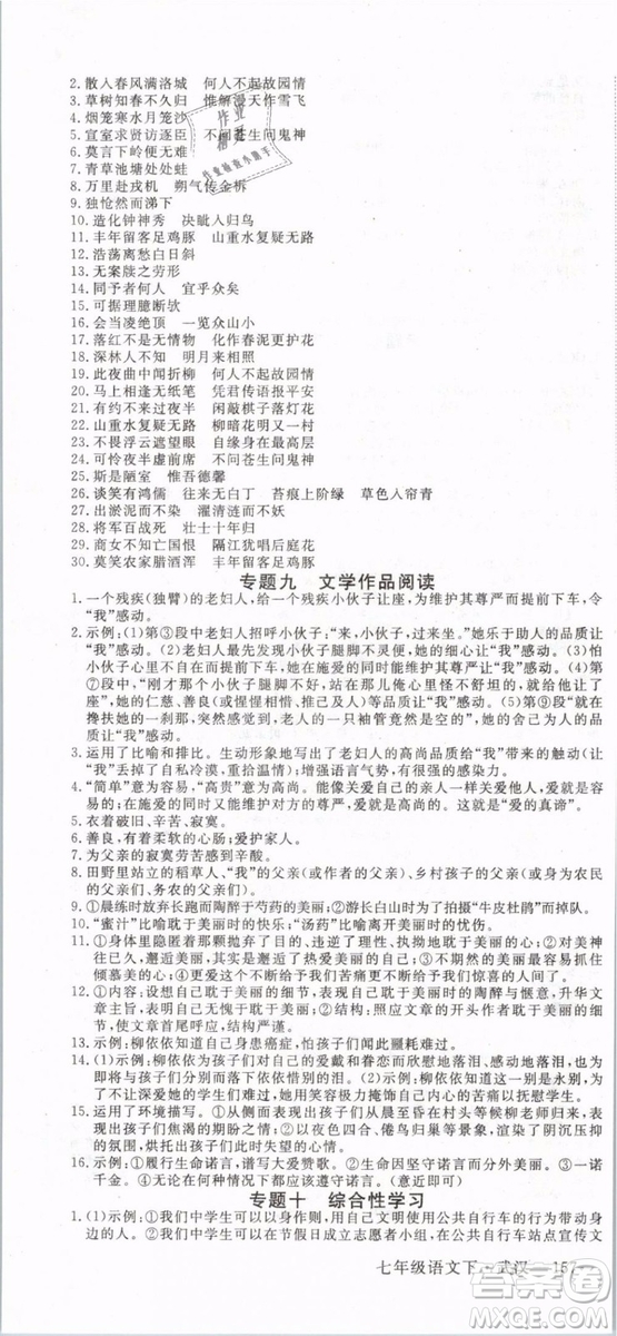優(yōu)翼叢書(shū)2019年學(xué)練優(yōu)初中語(yǔ)文七年級(jí)下武漢專版RJ人教版參考答案