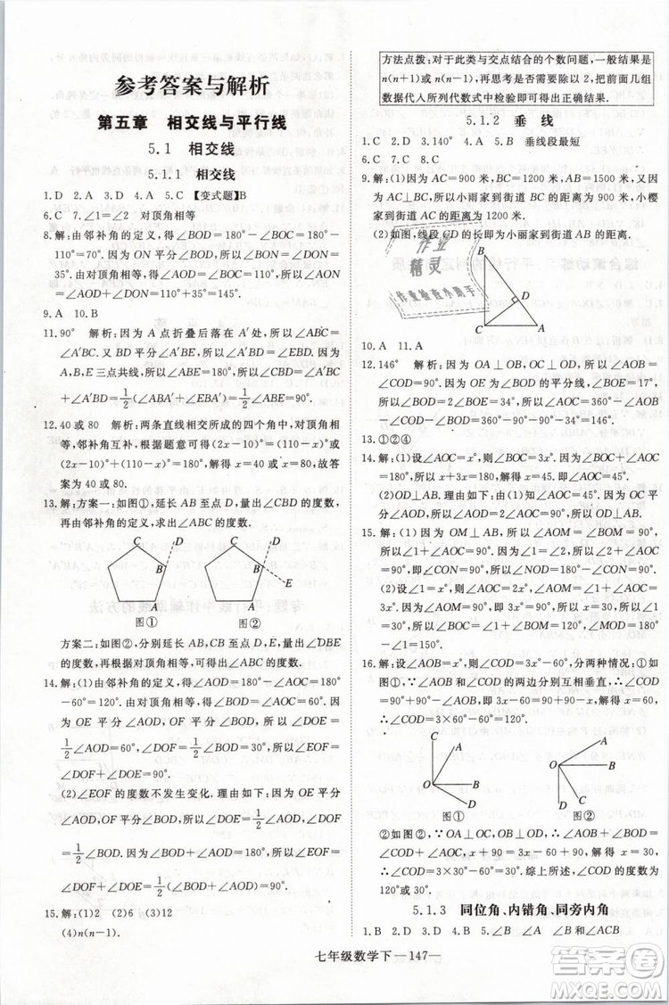 2019年優(yōu)翼叢書學(xué)練優(yōu)初中數(shù)學(xué)七年級下RJ人教版武漢專版參考答案