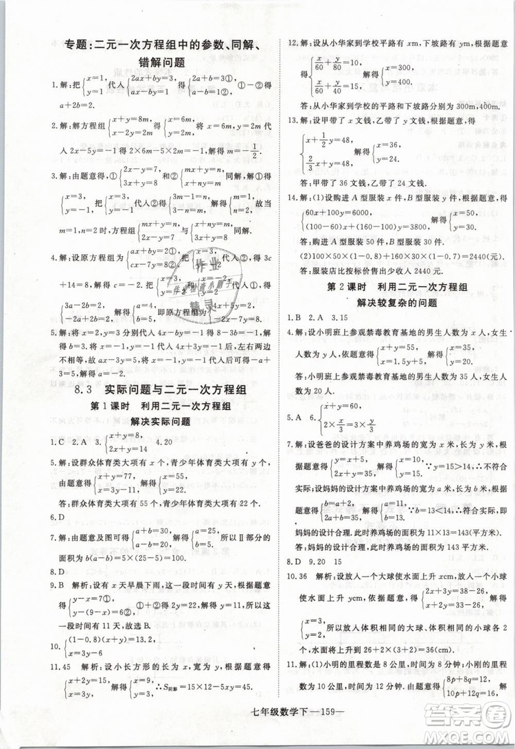 2019年優(yōu)翼叢書學(xué)練優(yōu)初中數(shù)學(xué)七年級下RJ人教版武漢專版參考答案