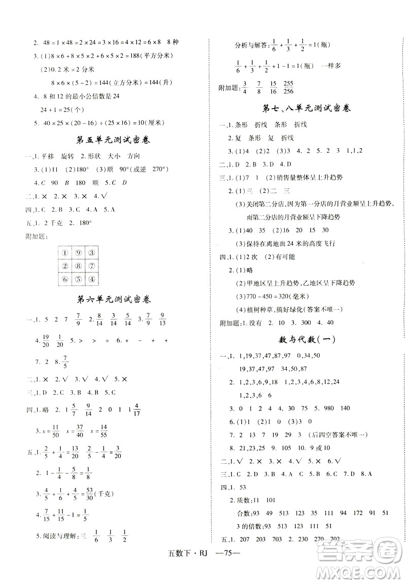2019年優(yōu)翼優(yōu)干線單元加期末卷五年級數(shù)學(xué)下冊人教版參考答案