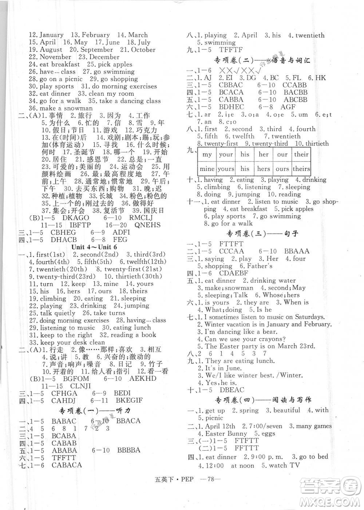 2019年優(yōu)翼優(yōu)干線單元加期末卷五年級英語下冊人教PEP版參考答案