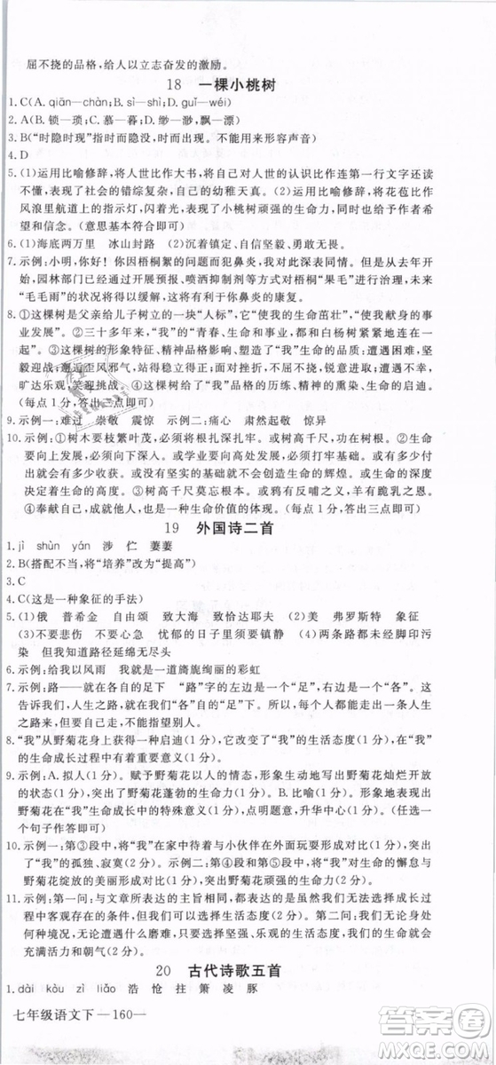 2019年優(yōu)翼學(xué)練優(yōu)學(xué)科思維訓(xùn)練法七年級(jí)語(yǔ)文下冊(cè)RJ人教版貴州專版參考答案