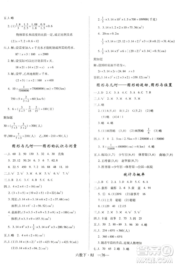2019年優(yōu)翼優(yōu)干線單元加期末卷人教版小學數學六年級下冊參考答案