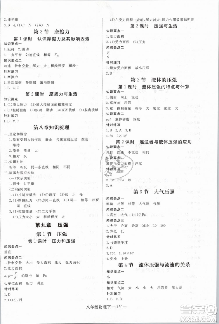 2019年優(yōu)翼學(xué)練優(yōu)學(xué)科思維訓(xùn)練法八年級物理下冊RJ人教版參考答案